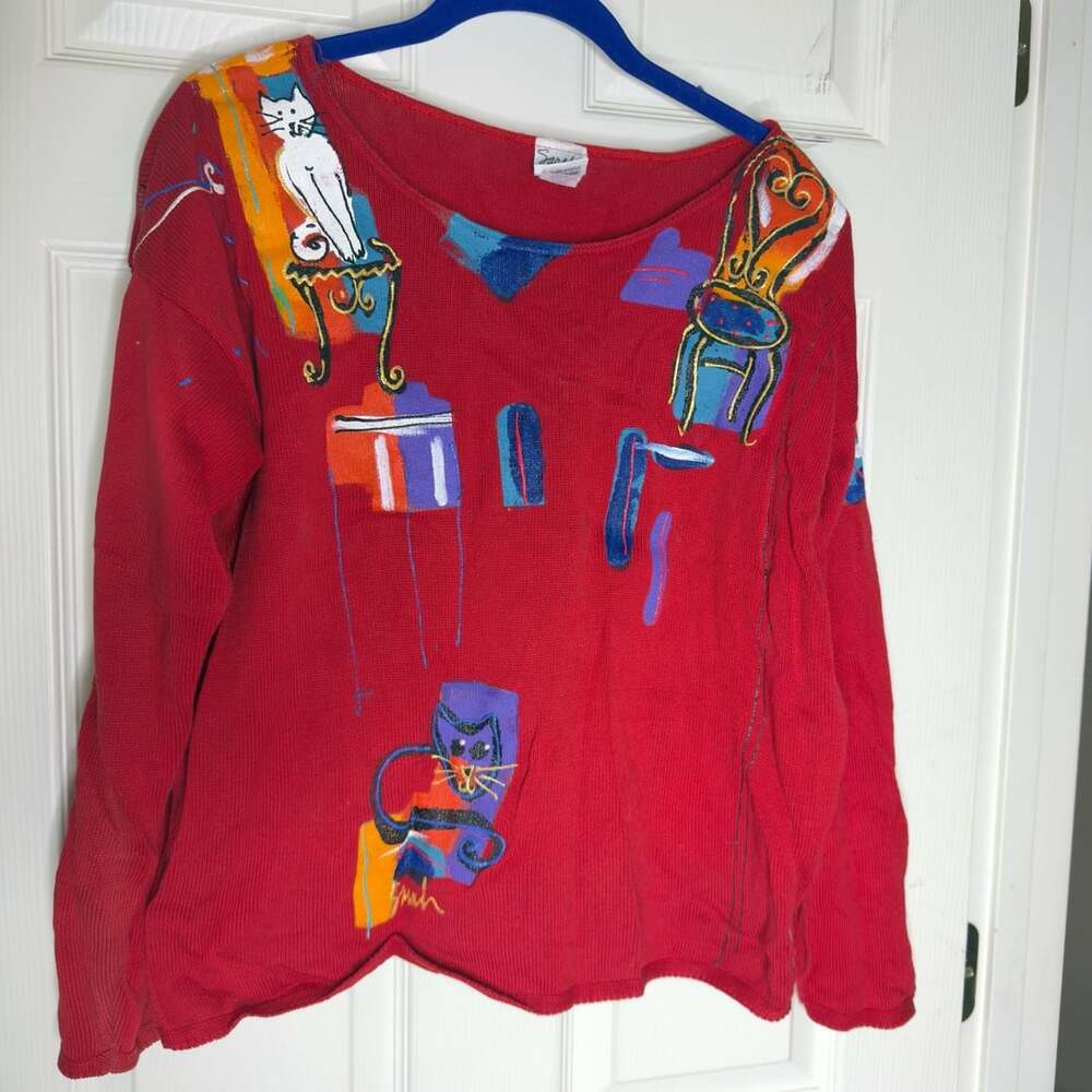 Sarah Hand Painted Originals  Novelty Cat Sweater Red Vintage